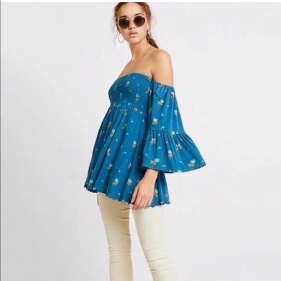 Free People Lana Off Shoulder Smocked Tunic NWOT Mermaid / Teal : Small Boho - Picture 2 of 8